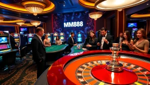 MM88 players enjoying a thrilling roulette game in a luxurious casino atmosphere.