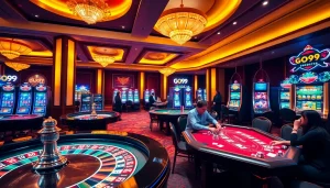 Engaged players enjoying thrilling games at a luxurious casino featuring GO99 branding.