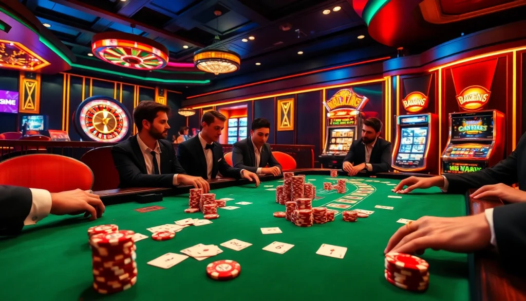 Exciting poker game at a luxurious casino table showcasing chips and cards, embodying gambling excitement.