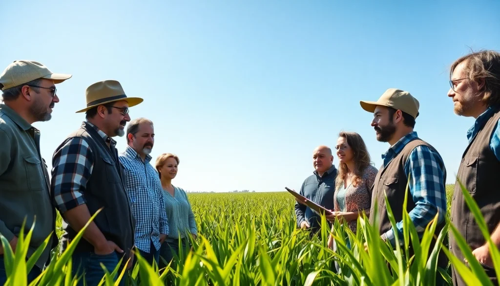 Farmers engaging in a discussion about agricultural law in a sunlit field.