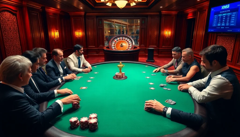 Engaged players experience the thrill of poker at xin88 com in an elegant casino setting.