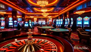 Experience the excitement of hitclub.global with players engaging at a luxurious casino featuring roulette and blackjack tables.
