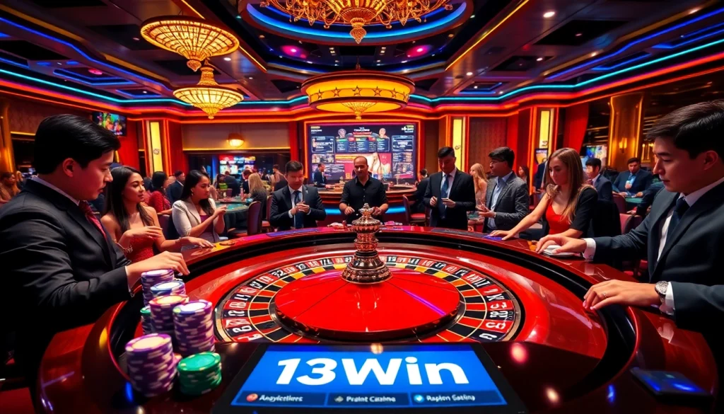 Experience the thrill of 13Win with vibrant casino elements featuring roulette, poker chips, and online betting.