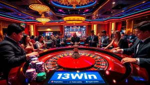 Experience the thrill of 13Win with vibrant casino elements featuring roulette, poker chips, and online betting.