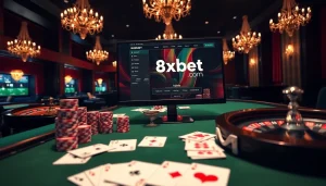Experience thrilling gameplay on 8xbet.com with vibrant casino elements like poker chips and roulette wheels.