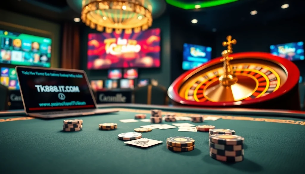 Engage in thrilling casino action at https://tk888.it.com/ with vibrant poker tables and roulette wheels.