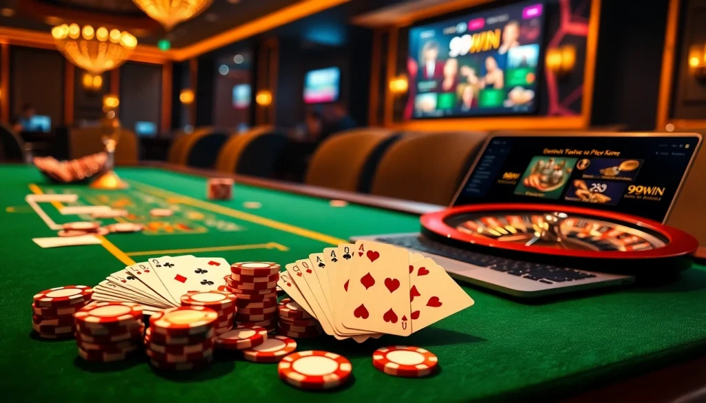Engage with the vibrant casino atmosphere at 99WIN, featuring poker chips and playing cards for an exciting gaming experience.