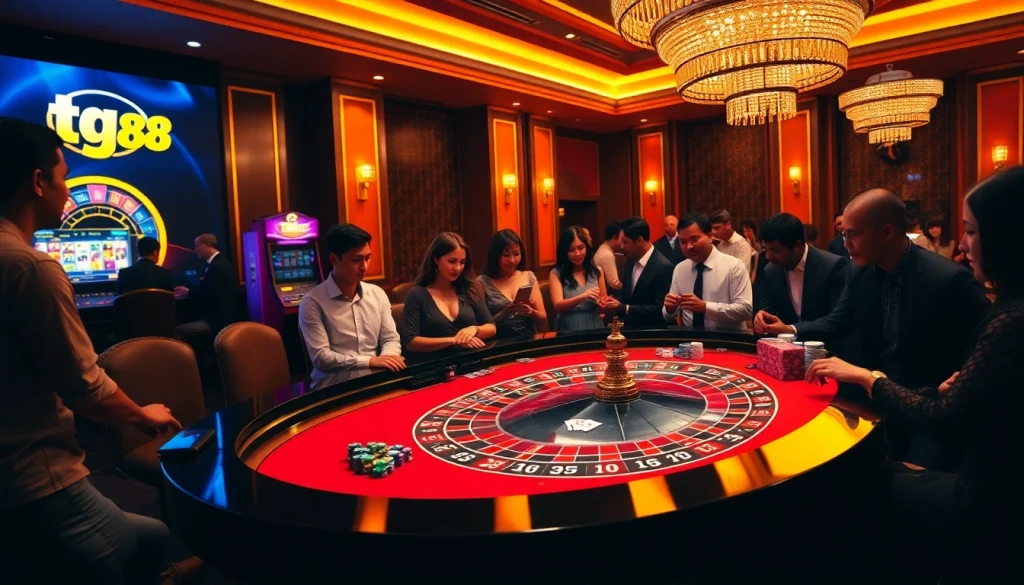 Engaging casino scene showcasing tg 88 logo; players excitedly placing bets on roulette.