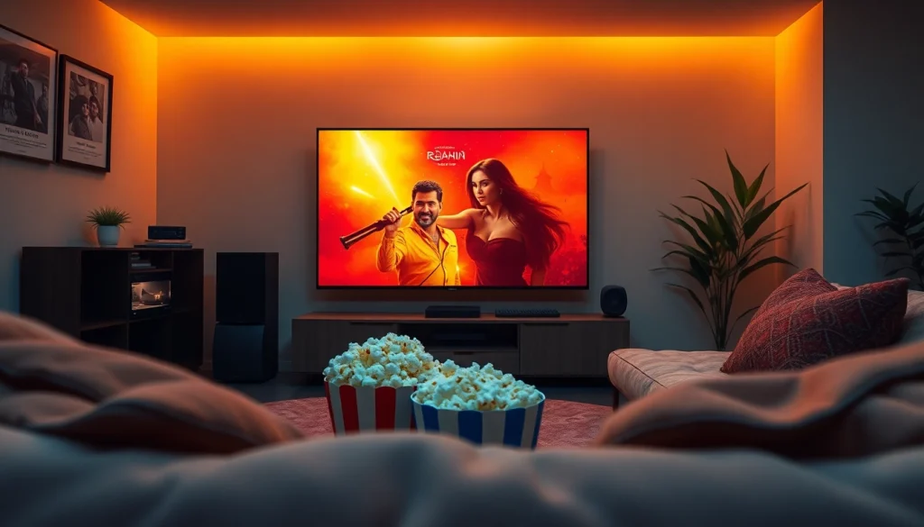 Experience rebahin film streaming in a cozy living room with a vibrant movie display and popcorn.