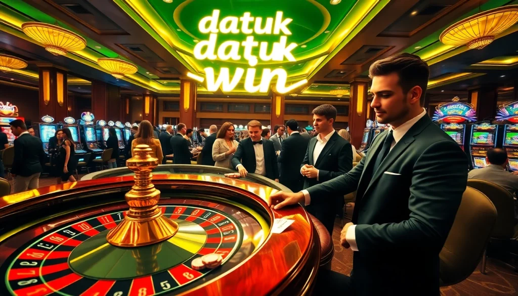 Rasakan sensasi Datuk Win di kasino mewah dengan meja roulette dan poker yang berwarna-warni.