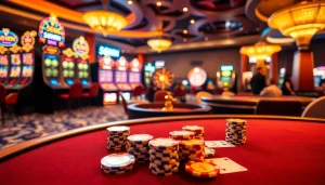 Experience the excitement of 56WIN with vibrant slot machines and a roulette wheel in a luxurious casino.