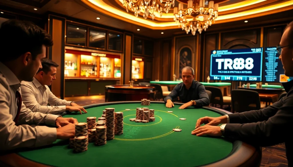 Experience the thrill of TR88 with players at a high-stakes poker table in a luxurious casino atmosphere.