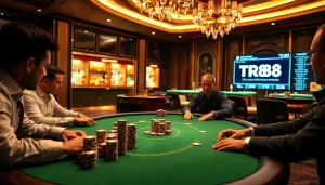 Experience the thrill of TR88 with players at a high-stakes poker table in a luxurious casino atmosphere.