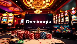 Exciting online poker game on Dominoqiu with engaging visuals, cards, and chips in a luxurious casino setting.