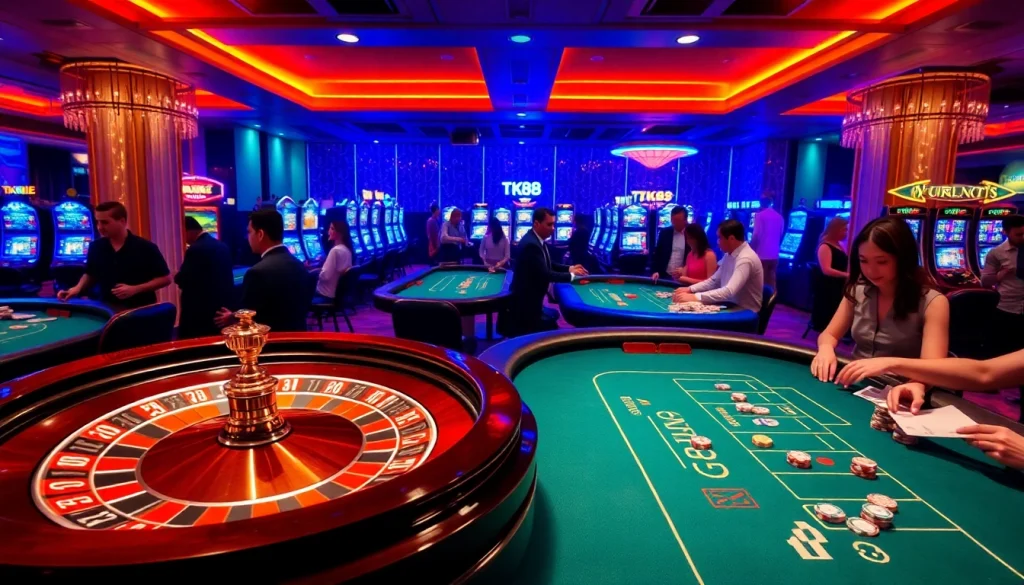 Engage with the thrilling TK88 casino atmosphere featuring poker chips and roulette.