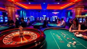 Engage with the thrilling TK88 casino atmosphere featuring poker chips and roulette.
