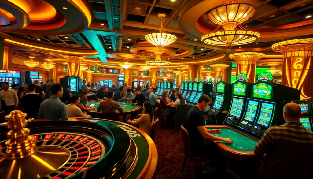 SODO casino scene with energetic players at poker tables and a spinning roulette wheel.