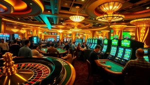 SODO casino scene with energetic players at poker tables and a spinning roulette wheel.