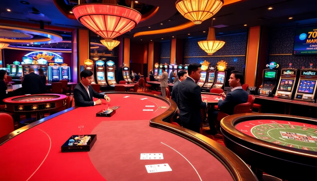 Players enjoying engaging games at pg88 nhà cái with dazzling slot machines and casino tables.