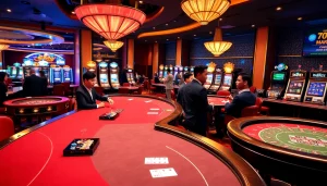 Players enjoying engaging games at pg88 nhà cái with dazzling slot machines and casino tables.