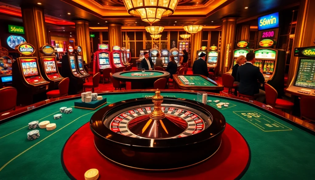 Engage in thrilling casino action at https://56win.sale/ with roulette and stylish players surrounded by vibrant gaming.