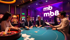 Engage in an exhilarating mb 88 casino scene with poker, roulette, and slot machines.