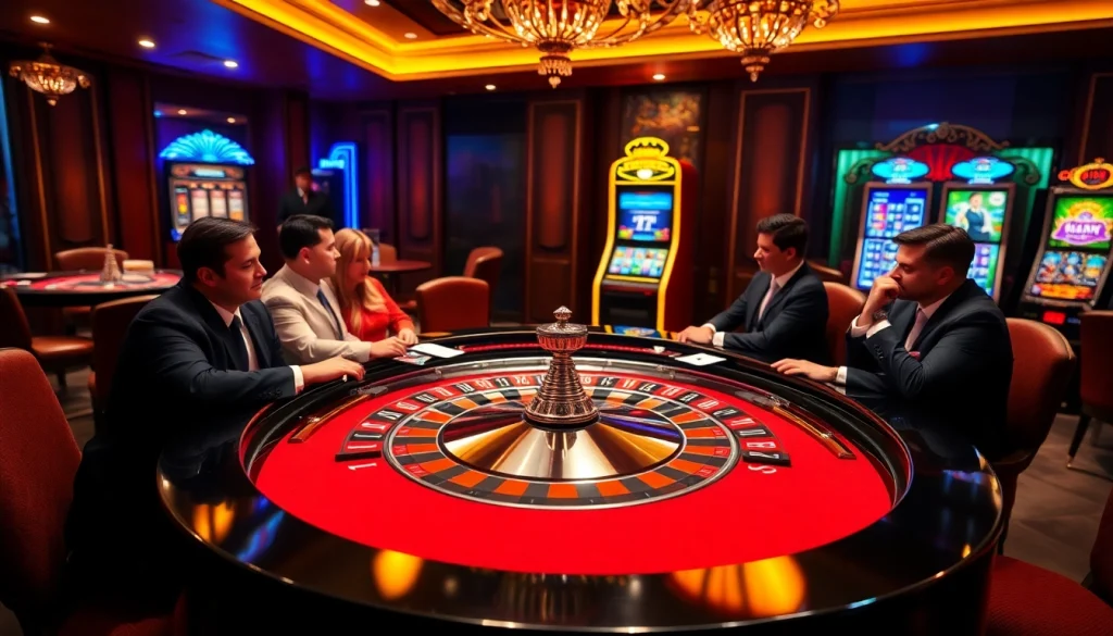 The thrilling atmosphere of gambling at https://king88.limited/ with luxurious casino elements like roulette and poker.
