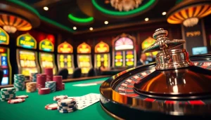 Excited gamblers enjoying a vibrant PS99 casino scene with poker chips and roulette.