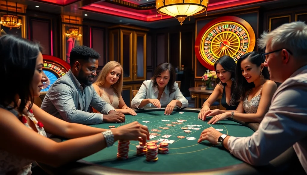 Players enjoying a high-stakes poker game in a luxurious casino setting, showcasing the excitement of the hz88 game.