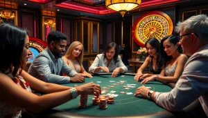 Players enjoying a high-stakes poker game in a luxurious casino setting, showcasing the excitement of the hz88 game.