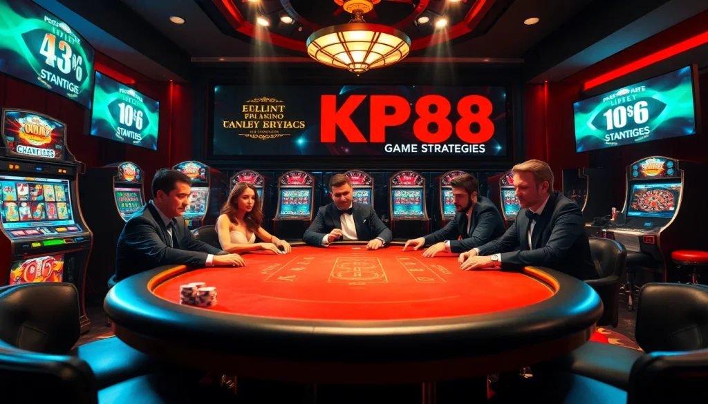 Experience the thrill of KP88 with a luxurious poker table and vibrant gambling elements.