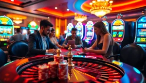 Players enjoying high-stakes poker at a luxurious casino table while engaging with ku3933 online betting systems.