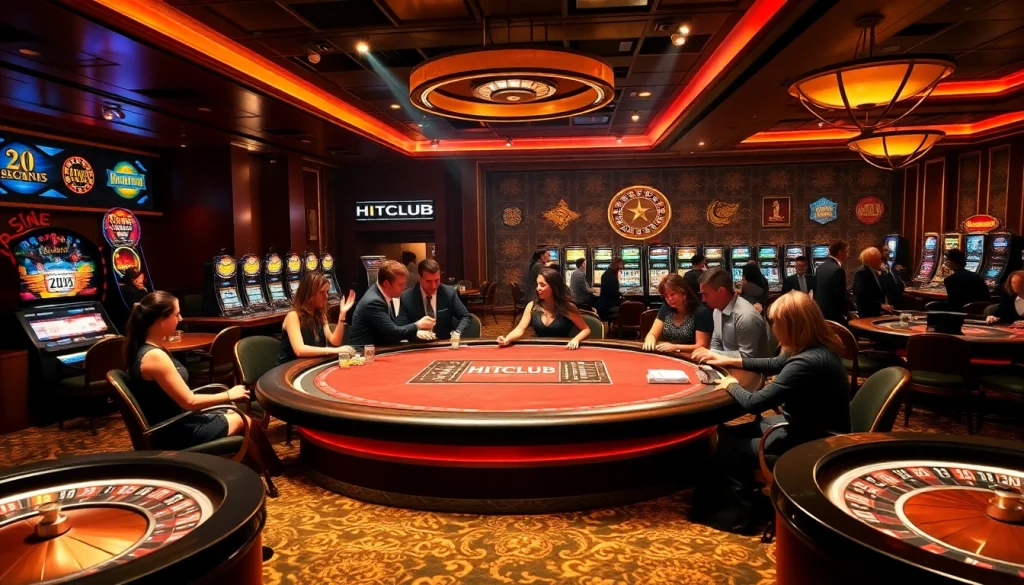 Players engage at the HITCLUB table amidst dazzling casino lights, capturing the thrill of high-stakes gambling.