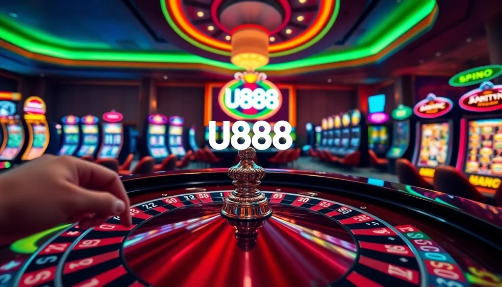 Experience thrilling gameplay at U888 with vibrant slot machines and casino tables in action.
