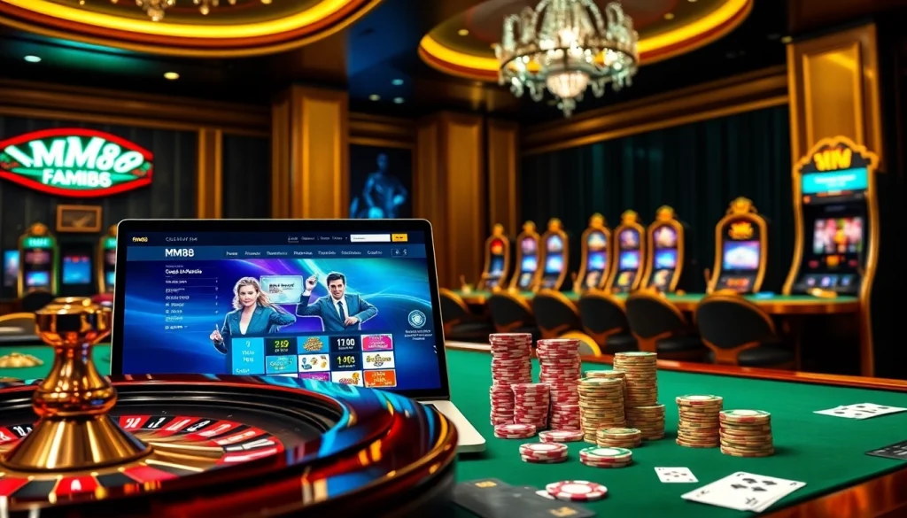 Experience thrilling betting on trang chủ mm88 with vibrant casino visuals featuring poker chips, roulette, and slot machines.
