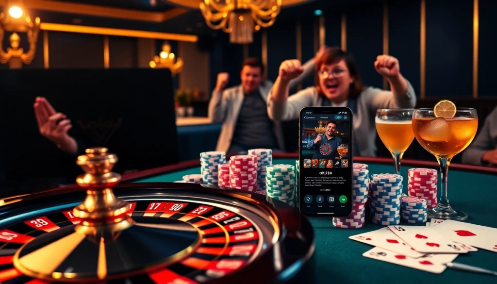 Excited players enjoying the ok789 app in a luxurious casino setting filled with chips and cards.