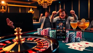 Excited players enjoying the ok789 app in a luxurious casino setting filled with chips and cards.