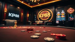 Experience the thrill of KP88 at the poker table with chips and cards in action.