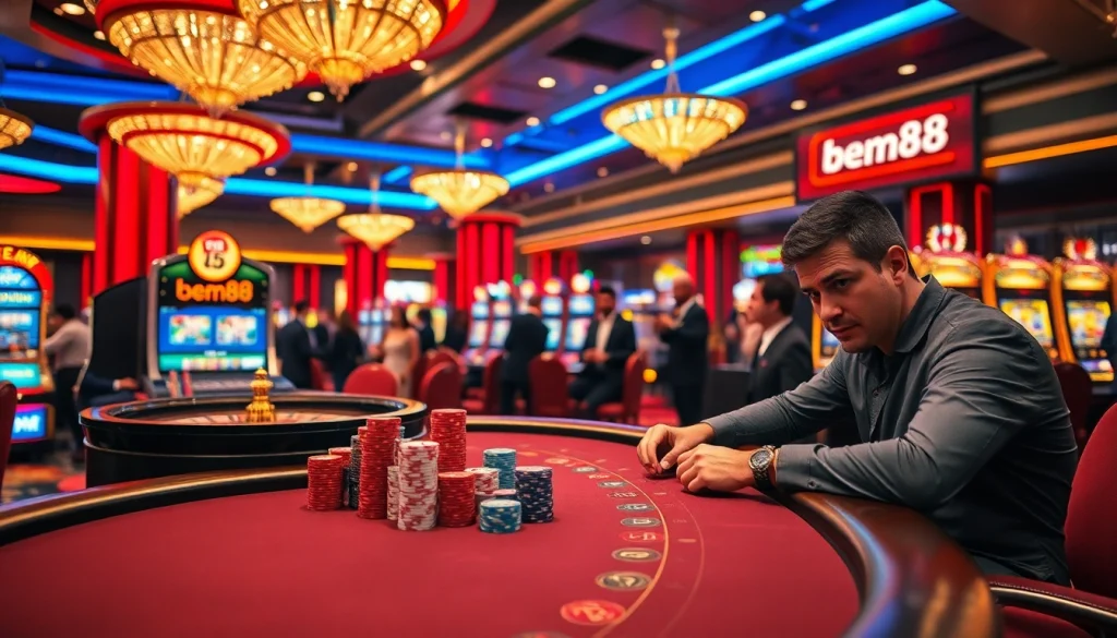 Experience thrilling gameplay at bem88's luxurious casino with poker tables and roulette.