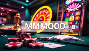 Experience the thrill of MMOO at a luxurious casino table with poker chips and vibrant slot machines.