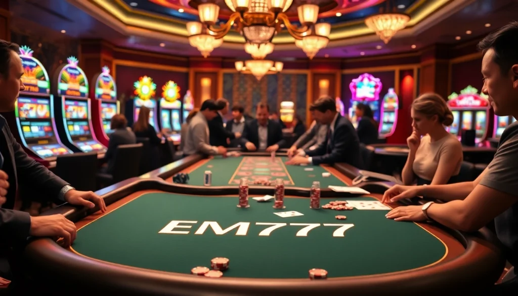 EM777 gaming table surrounded by excited gamblers with poker chips and vibrant slot machines.