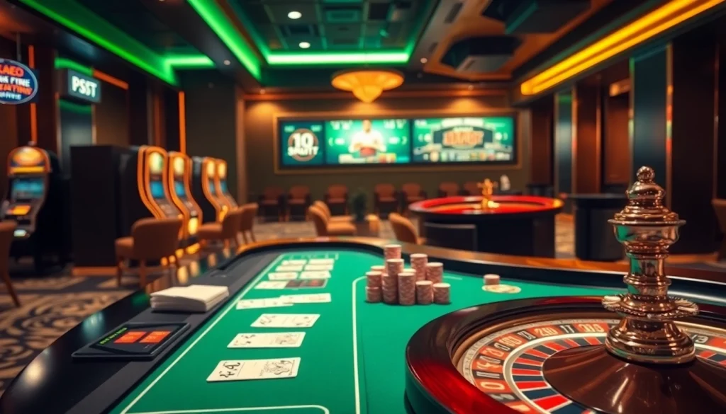 Exciting Kèo Bóng Đá betting scene with casino tables and poker chips.