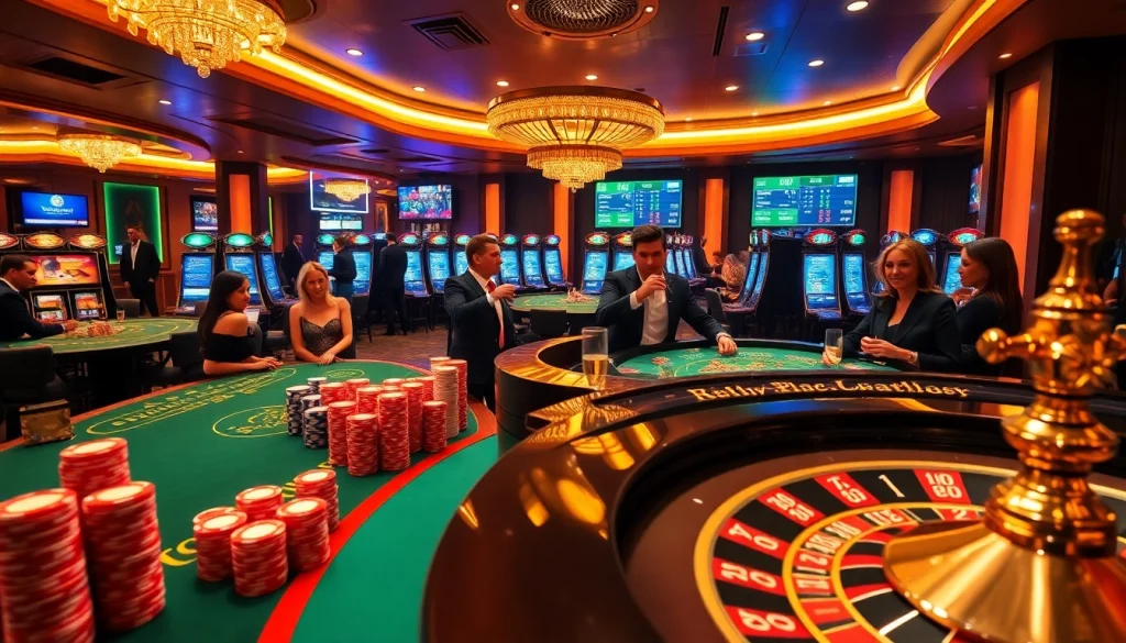B52-themed luxurious casino lounge featuring vibrant poker tables and roulette wheel action.