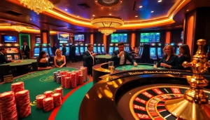 B52-themed luxurious casino lounge featuring vibrant poker tables and roulette wheel action.