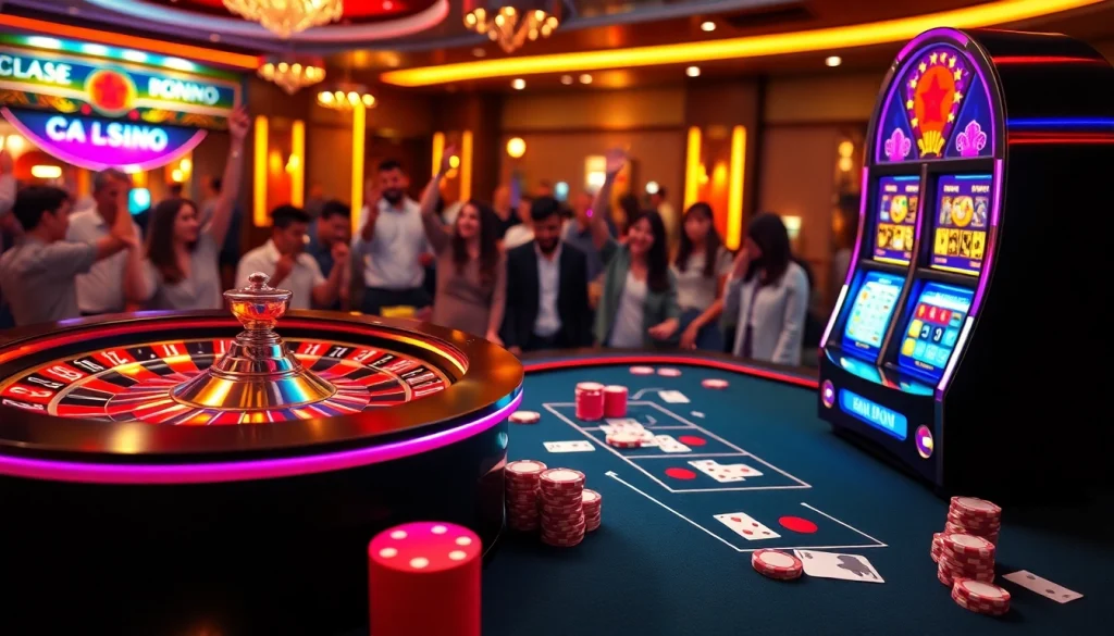 Experience the excitement of Sc88 Trang Chủ through vibrant casino visuals featuring digital roulette and poker elements.
