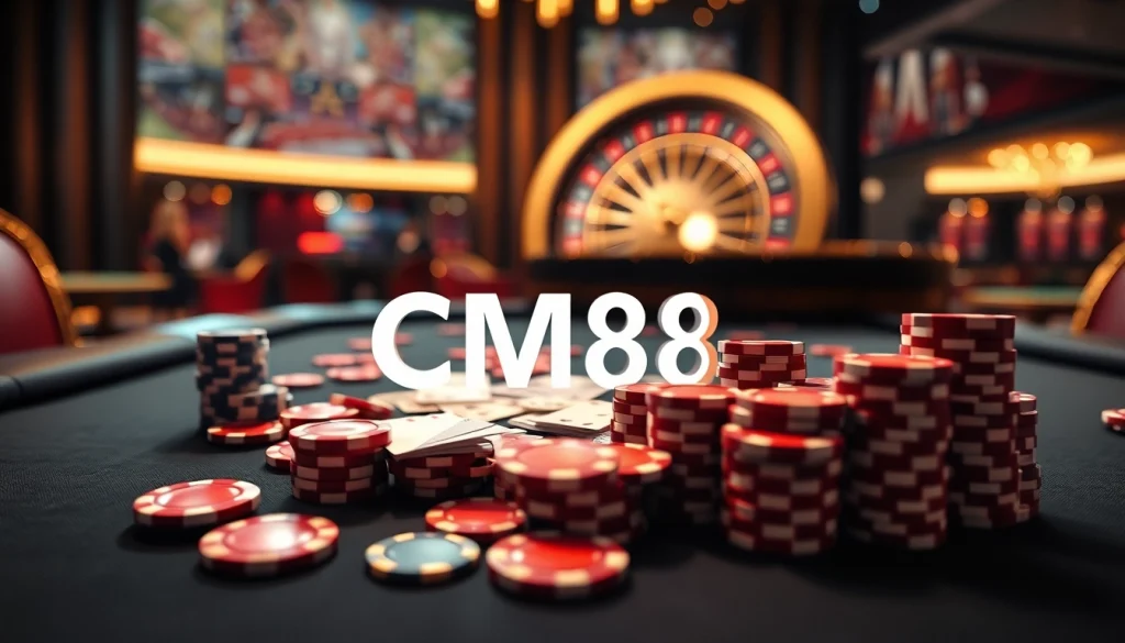 Experience thrilling gameplay at CM88's luxurious casino table filled with vibrant chips and cards.