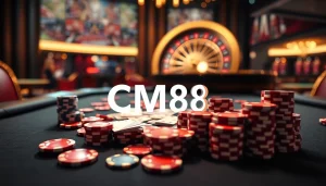 Experience thrilling gameplay at CM88's luxurious casino table filled with vibrant chips and cards.