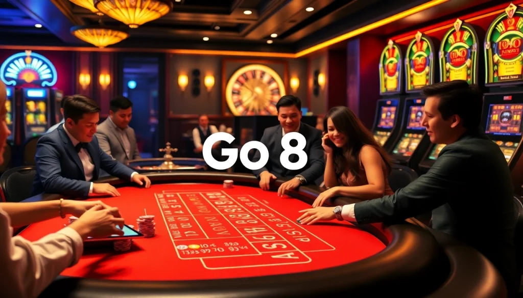 Go8 casino visitors enjoying an exciting baccarat game with vibrant chips and slot machines.