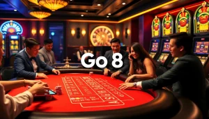 Go8 casino visitors enjoying an exciting baccarat game with vibrant chips and slot machines.