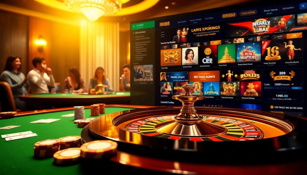 Gamblers enjoying a thrilling online experience at nhà cái rr88 with vibrant poker chips and roulette.